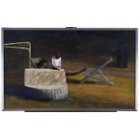British School, 20th c - Two Deckchairs, signed with initials I R and dated '82, oil on canvas, 44.5