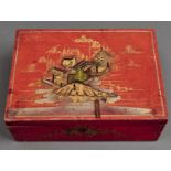 A late 19th red painted and japanned wood box, with hinged lid, 10cm h; 27.5cm w x 20cm