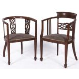 A pair of mahogany and line inlaid tub chairs, with padded seat, early 20th c, seat height 43cm