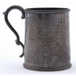 A Victorian silver christening mug, can shaped, stamped with ferns between beaded rims, 8cm h,