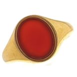 A gold signet ring set with a cornelian, apparently unmarked, 5.2g, size N½