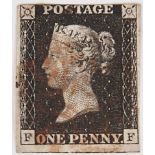 Postage Stamps. Great Britain 1840 1d black, three margins, red mc