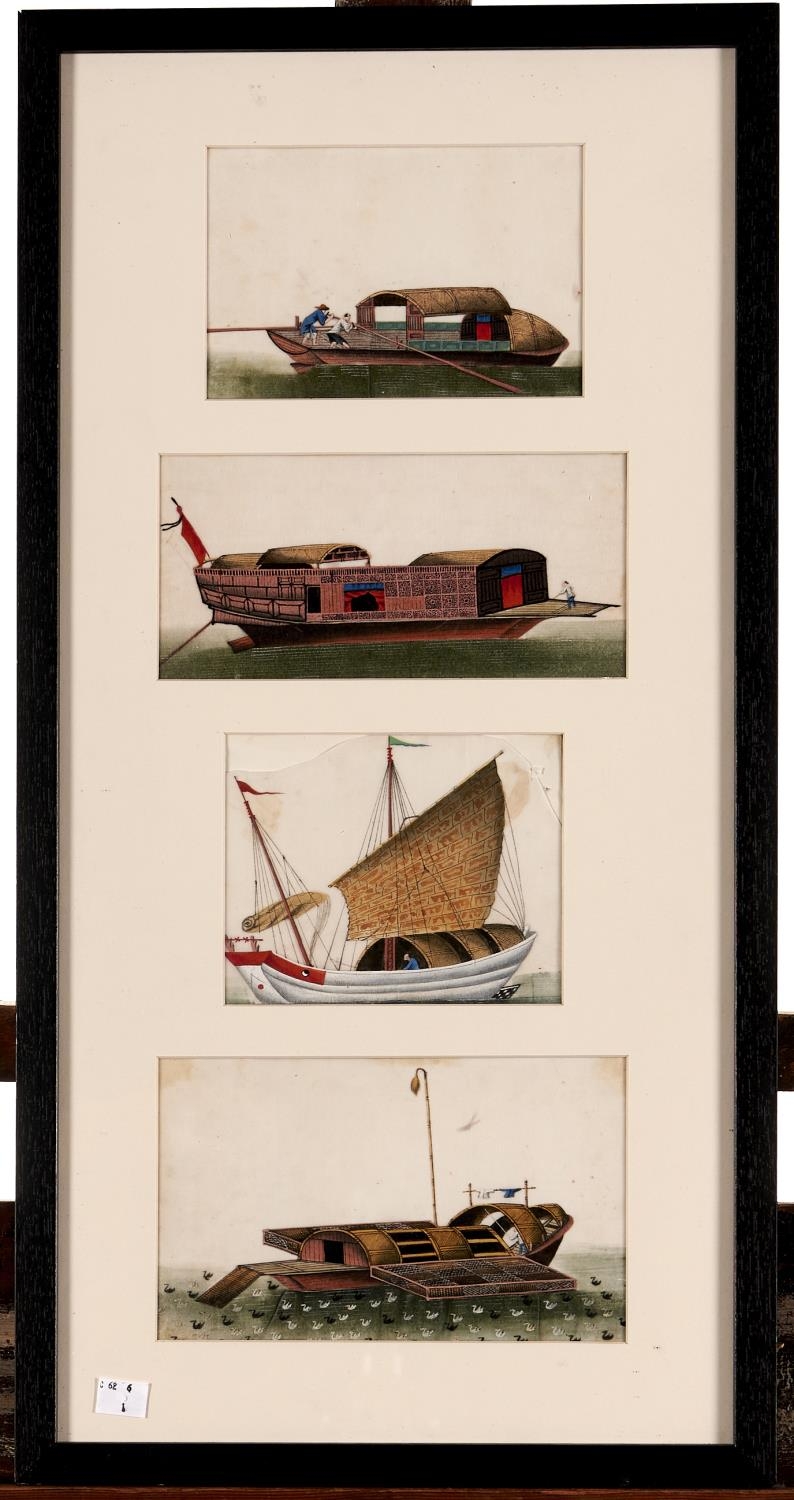 Chinese School, 19th c - Junks, a set of four, rice paintings, various sizes to 13 x 21cm,