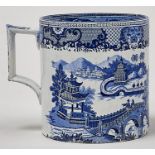 An English blue printed earthenware porter mug, c1820, with a chinoiserie pattern