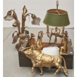 Miscellaneous brassware, to include lamps, candlesticks and a bull sculpture