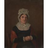 British School, 19th c - Portrait of a Lady,  seated half length in a black dress and lace cap,