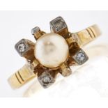 A diamond and cultured pearl ring, in gold marked 18c, 3.2g, size N