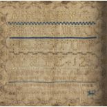 An English linen sampler, early 19th c, 29 x 29cm, maple frame