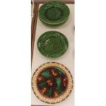 A Wedgwood pierced tortoiseshell majolica dessert plate, 1871, 22cm diam, impressed mark and six