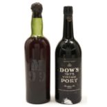 Wine. Dow's Port, 1975 vintage, one bottle and another bottle of port, unlabelled, stencilled M/