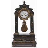 A French giltmetal mounted inlaid ebonised portico clock, late 19th c, the shaped top, front pillars