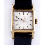 An Omega gold plated square lady's wristwatch, maker's buckle