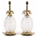 A pair of brass mounted cut glass pineapple novelty table lamps, late 20th c, 39cm h excluding