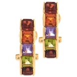 A pair of coloured calibre cut gem set earrings, in gold, marked 585, 5.5g