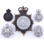 Police. Durham County Constabulary helmet plate and four various badges