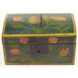 Folk Art. A French painted wood marriage box, 19th c, decorated with birds and flowers on a green