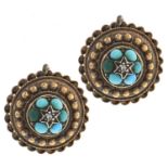 A pair of Victorian diamond and turquoise set gold target earrings, c1870, wire loop, 3.1g