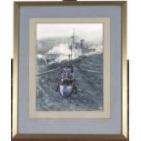 British School, 20th c - Royal Navy Warship and Helicopter, indistinctly signed, watercolour, 37 x