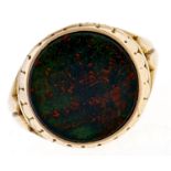 A Victorian 15ct gold signet ring, set with a bloodstone, Birmingham 1866, 6.2g, size P