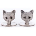 A pair of George V silver fox mask places stands, on disc base, 29mm h, by S Mordan & Co Limited,