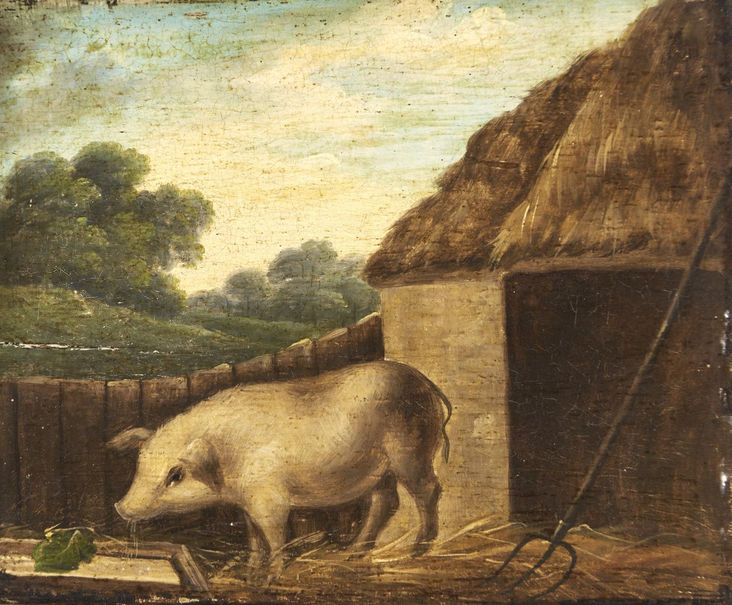 English Naive Artist, 19th c - Pig by a Rake before a Thatched Byre, oil on oak panel, 22 x 25cm