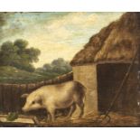 English Naive Artist, 19th c - Pig by a Rake before a Thatched Byre, oil on oak panel, 22 x 25cm