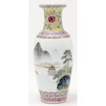 A Chinese famille rose vase, 20th c, painted with a continuous landscape, the neck with lotus