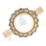 A cultured pearl and white stone cluster ring, in gold, marked 14k, 4.7g, size N½
