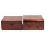 A Victorian walnut and inlaid work box, 30cm l and a mahogany box (2)