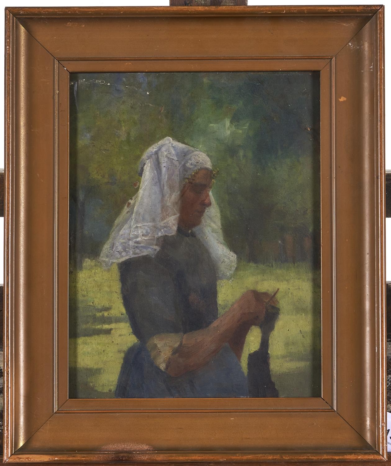 19th c School - Study of a Woman Knitting, oil on panel, 26 x 19.5cm