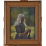 19th c School - Study of a Woman Knitting, oil on panel, 26 x 19.5cm