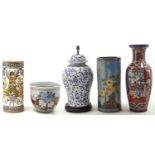 A reproduction lamp in Chinese style, of baluster vase form with domed cover, converted for