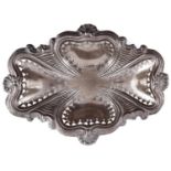 An Edwardian pierced silver bonbon dish, on ball feet, 24.5cm l, Birmingham 1902, 7ozs 13dwts
