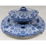 A blue printed pearlware Lotus pattern part supper set, c1800, centre bowl and cover 25cm l (7)