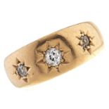 A Victorian three stone diamond ring, c1900, gypsy set in 18ct gold, marks rubbed, 4.5g, size G½