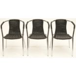 Three chromium plated tubular metal and black plastic tub chairs, late 20th c, seat height 41cm