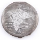 A silver compact, c1930, the lid engraved with a map of India divided into its provinces, 72mm