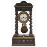 A French ebonised portico clock, late 19th c, applied embossed giltmetal mounts, inlaid to the