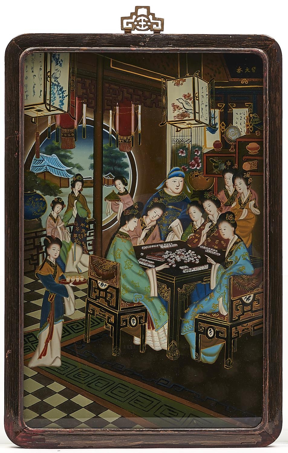 A Chinese glass picture of an interior scene, 20th c, in 18th c export art style, 50 x 32cm, framed