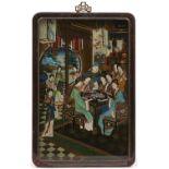A Chinese glass picture of an interior scene, 20th c, in 18th c export art style, 50 x 32cm, framed