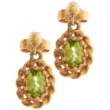 A pair of peridot earrings, in 9ct gold, 1.6g