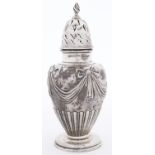 An Edwardian silver sugar caster and cover, stamped with swags, 17.5cm h, Chester 1906, 5ozs