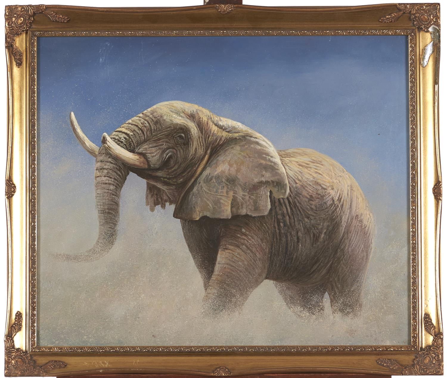 Manner of David Shepherd - Elephant, oil on board, 50 x 59cm and a 20th c School picture of a ship - Bild 2 aus 2