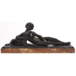 An Art Deco bronzed spelter sculpture of a young woman and borzoi hound, c1930, on portor and