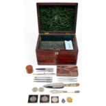 A Victorian rosewood dressing case and miscellaneous Parker and other pens, coins, etc