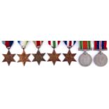 WWI Atlantic Star, Africa Star, North Africa 1942-43 clasp and three other stars, Defence Medal