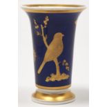 A Derby spill vase, c1825, gilt with birds on branches and butterflies on a cobalt ground, 11.5cm h,