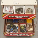 Miscellaneous Meccano parts and accessories in Britains painted plywood four drawer chest