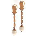 A pair of gold and cultured pearl pendant earrings, indistinct control mark, 4.6g