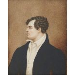 After George Henry Harlow - Portrait Miniature of Lord Byron, bust length in navy coat, ivory, 100 x